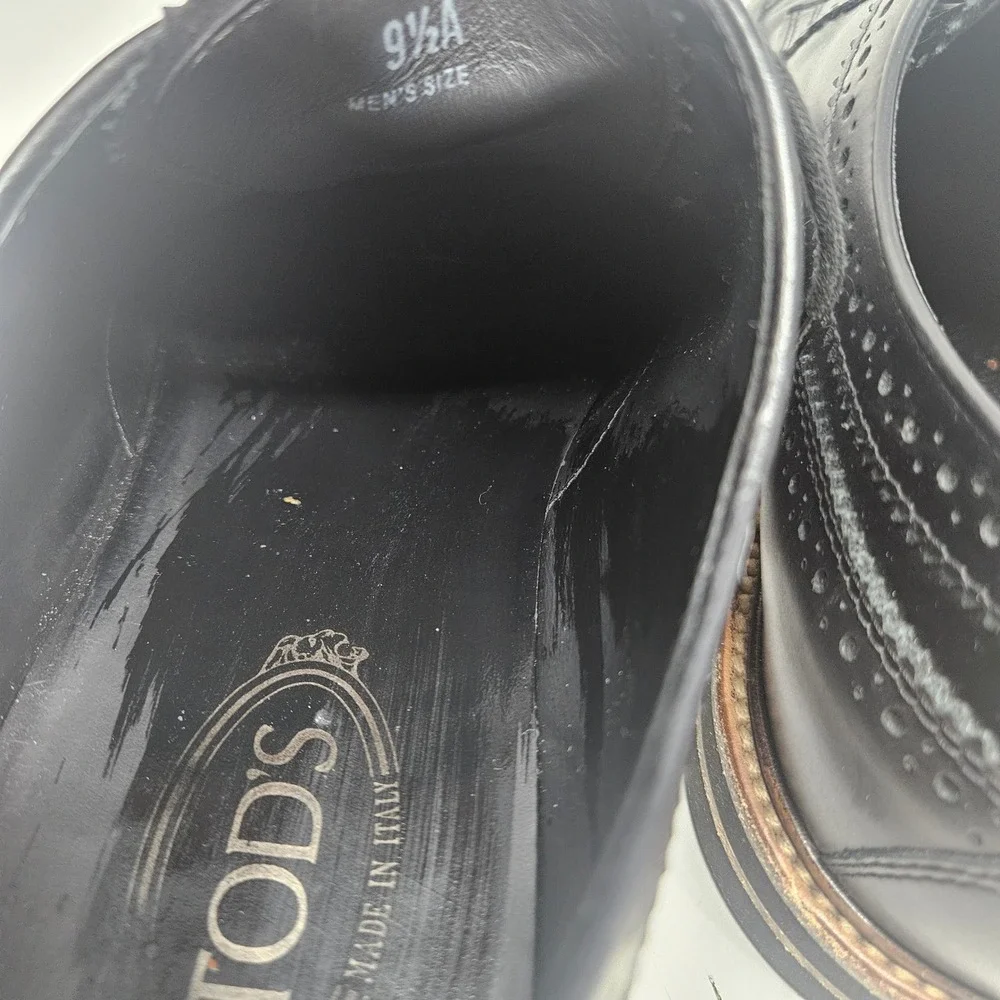 Tods Mens Black Leather Wingtip Brogue Derby Shoes Made in Italy Size 9.5 A